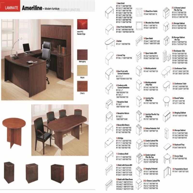 laminátový kancelářský nábytek pro americký trh - desky E1 s certifikátem CARB. Stoly, U set, kufry, knihovna, skříňky atd.